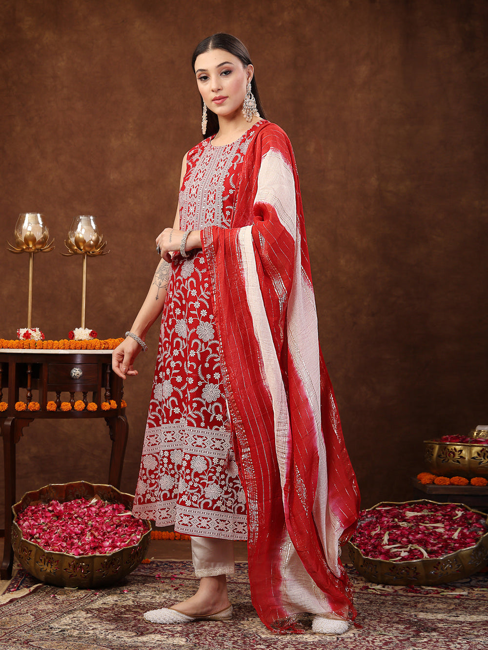 Red-Rayon-Printed-Embroidered-A-Line-3-Piece-Kurta-Set