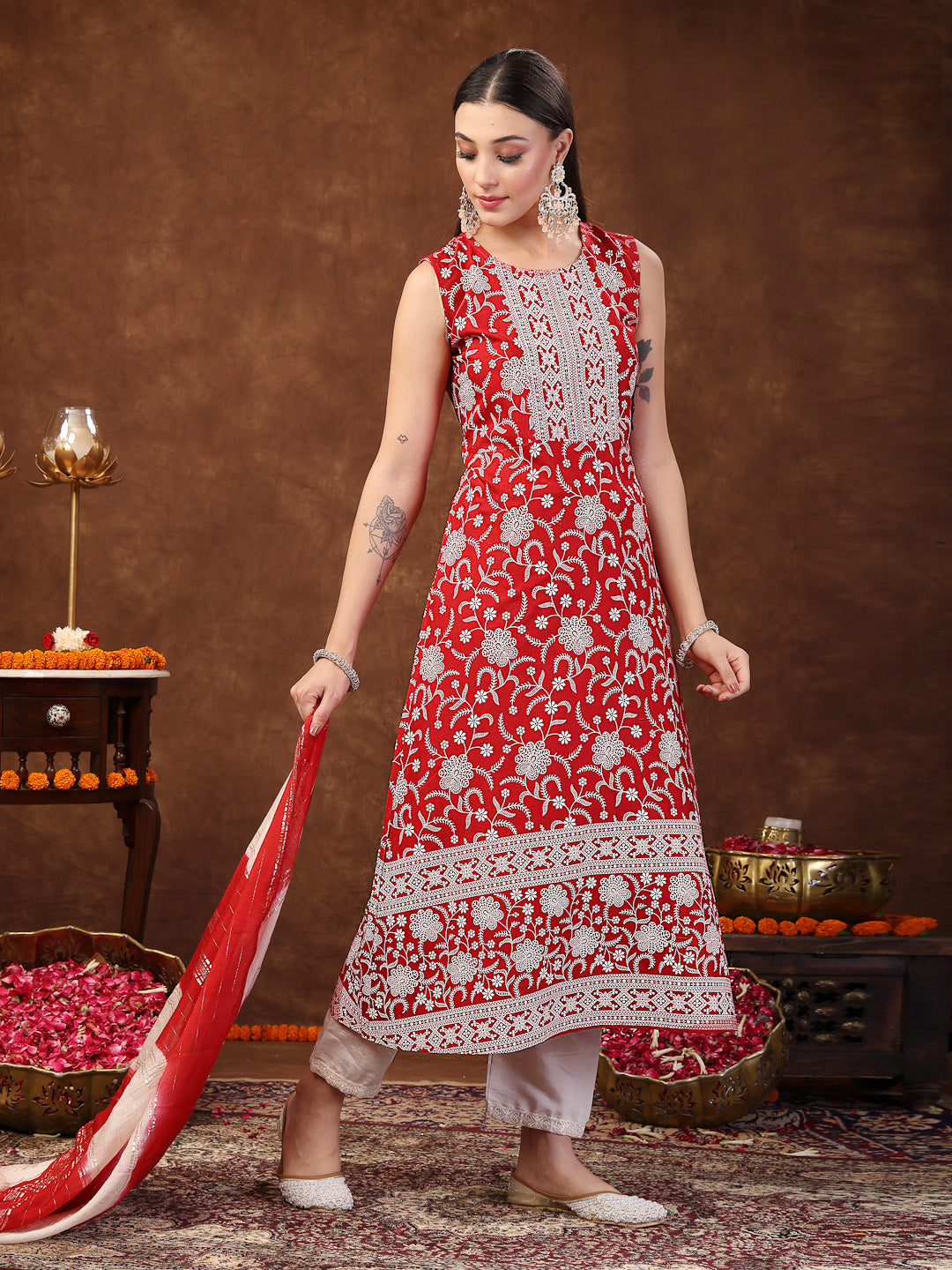 Red-Rayon-Printed-Embroidered-A-Line-3-Piece-Kurta-Set