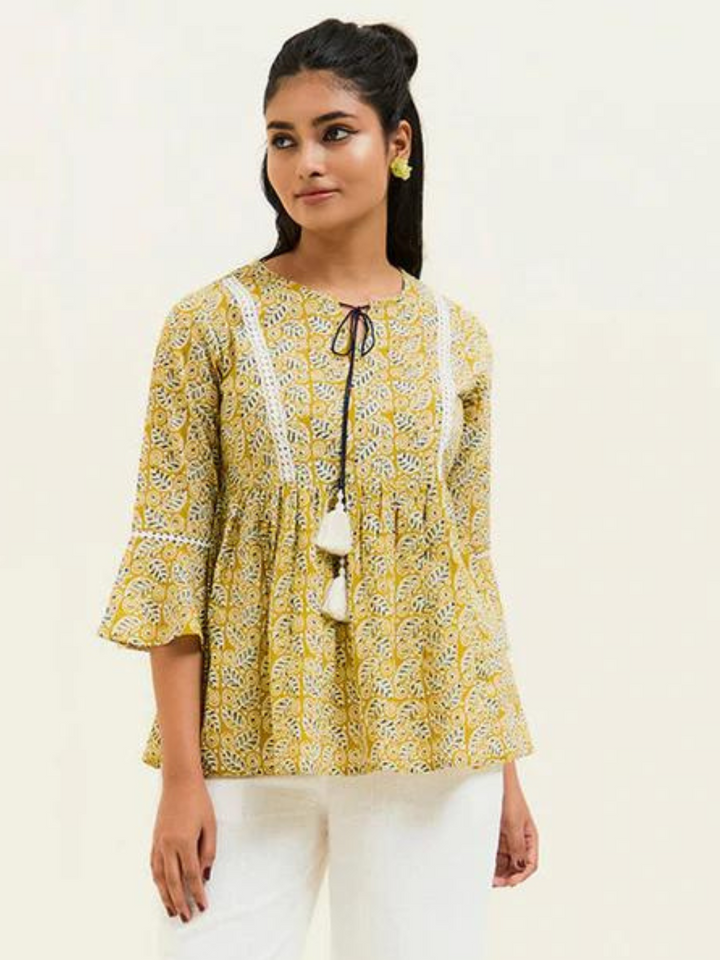 Mustard Cotton Cambric Printed Gathered Top