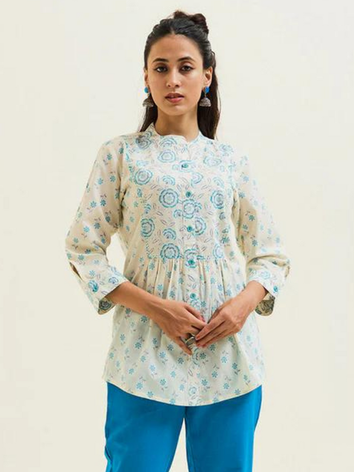 Turquoise Blue Cotton Cambric Floral Printed Gathered Top