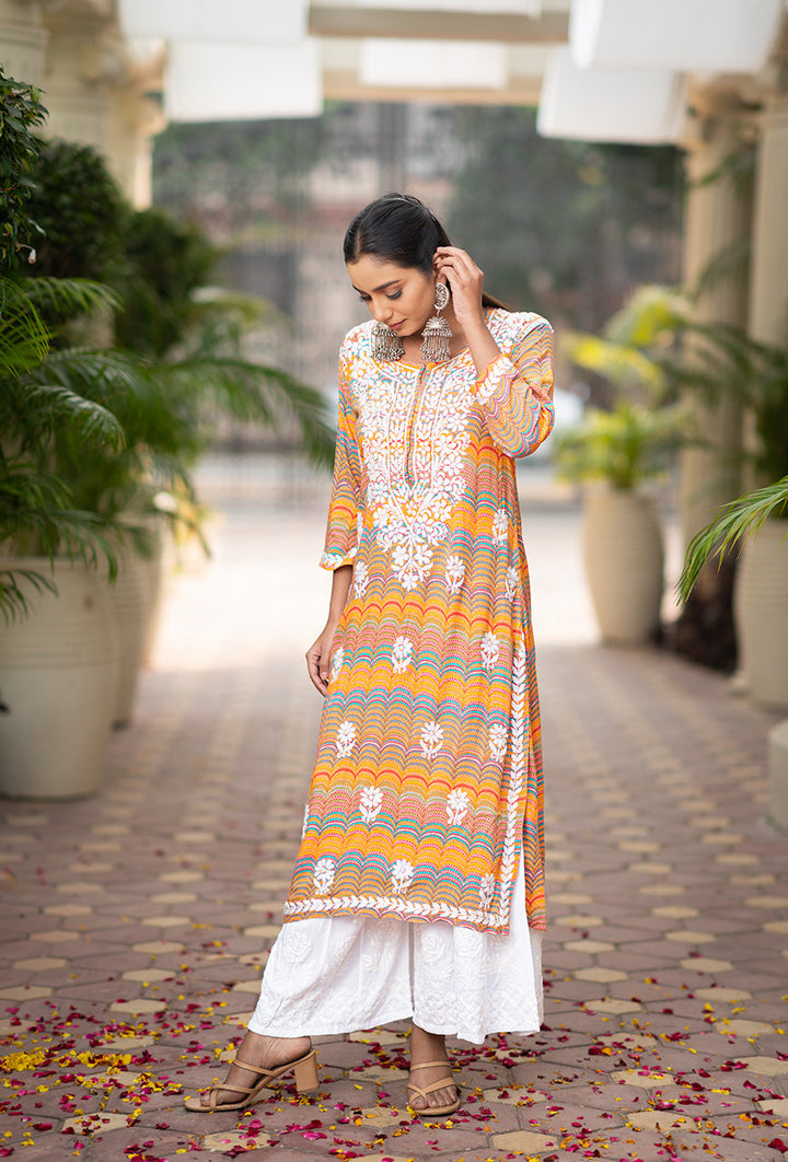 Leher-Orange-Rayon-Chikankari-kurta