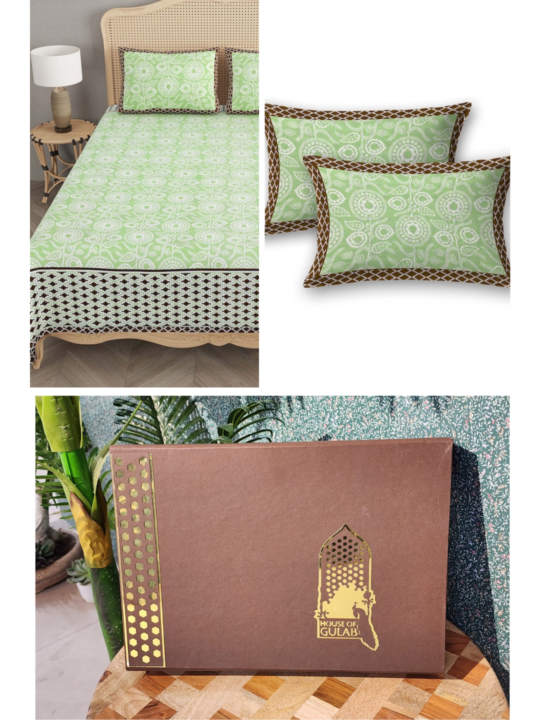 Green-Bedsheet-Set-Gift-Box-(Bedsheet-With-2-Pillow-Covers)