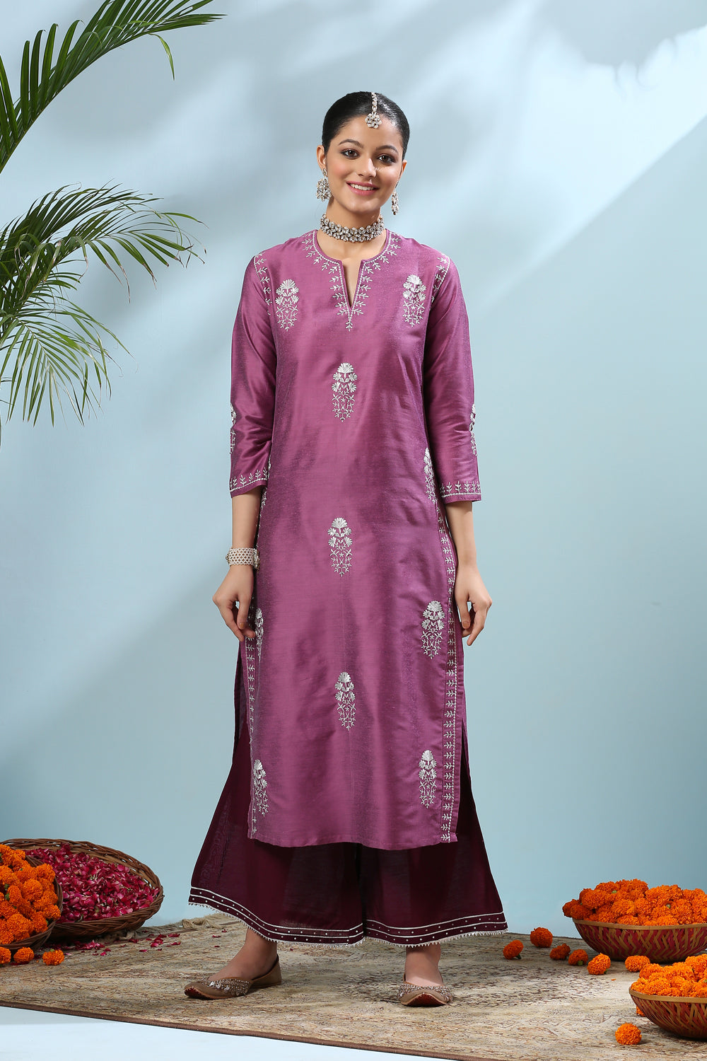 Purple Zari Embroidered Cotton-Silk Kurta