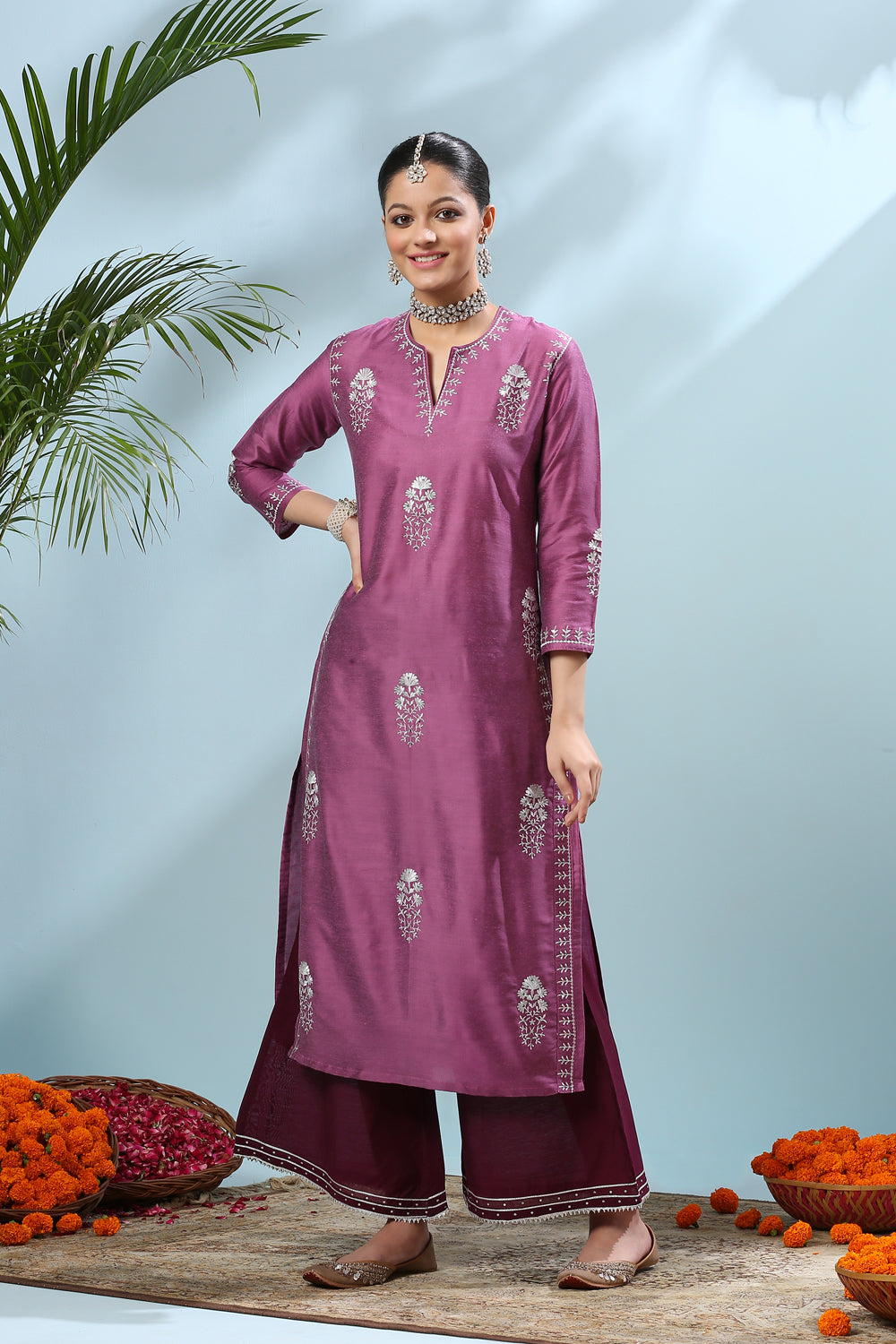 Purple Zari Embroidered Cotton-Silk Kurta