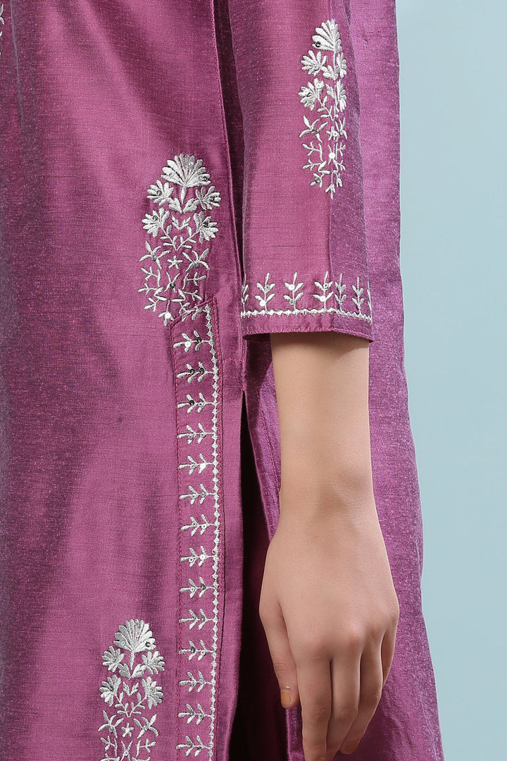 Purple Zari Embroidered Cotton-Silk Kurta