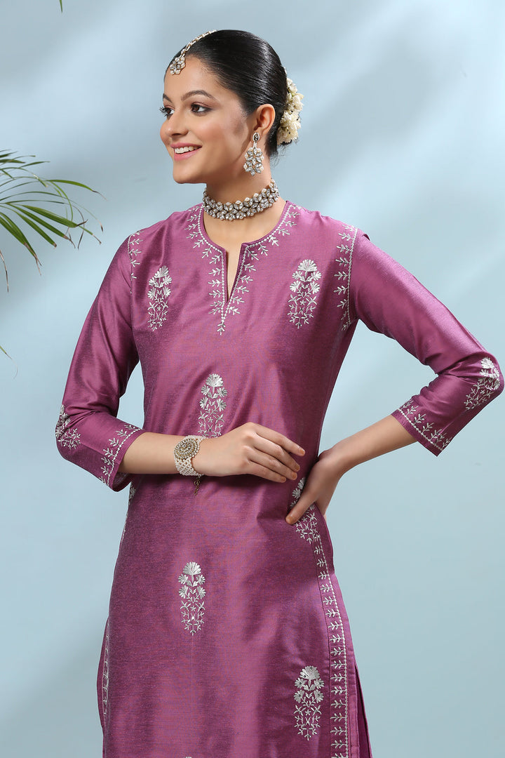 Purple Zari Embroidered Cotton-Silk Kurta