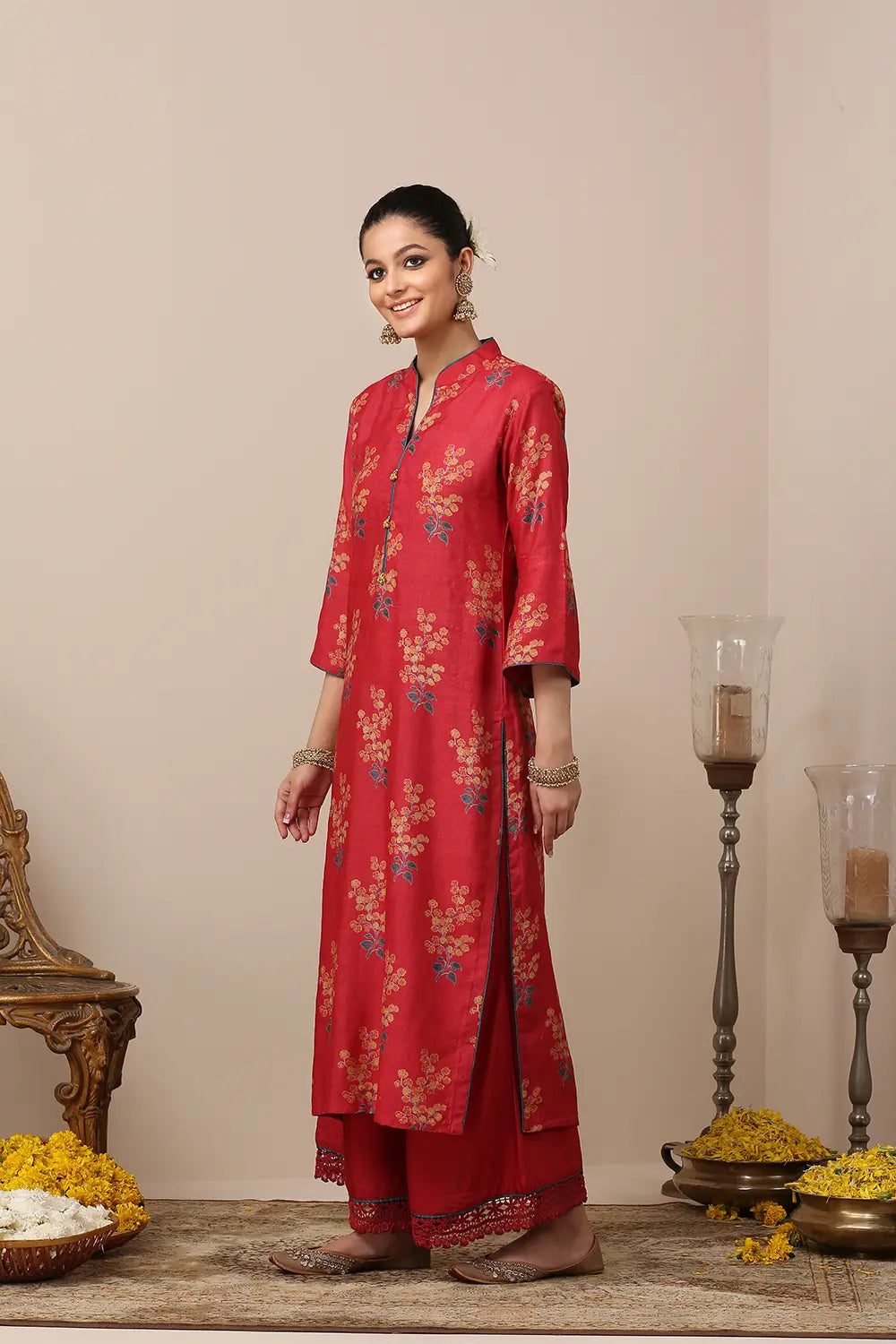 Red-Tussar-Moonga-Silk-Printed-Designer-3-Piece-Kurta-Set