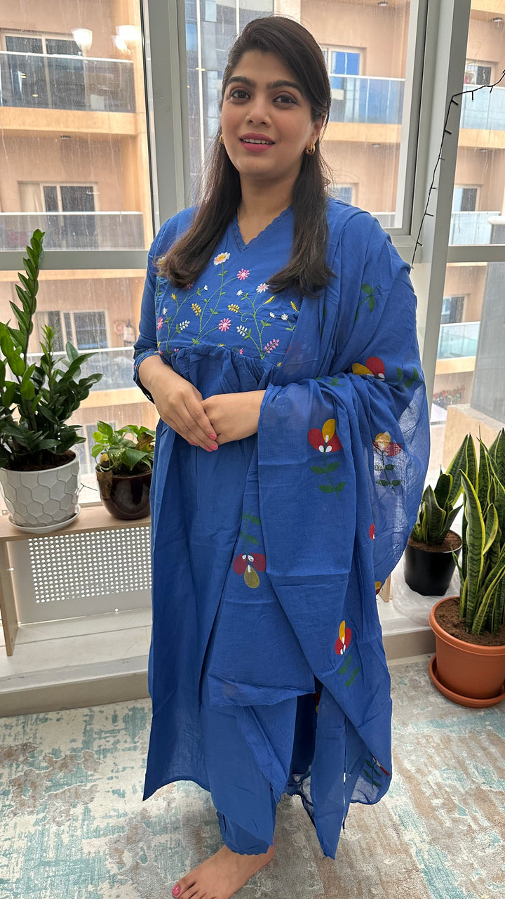 Royal Blue Cotton Gulbahaar Floral Anarkali Set