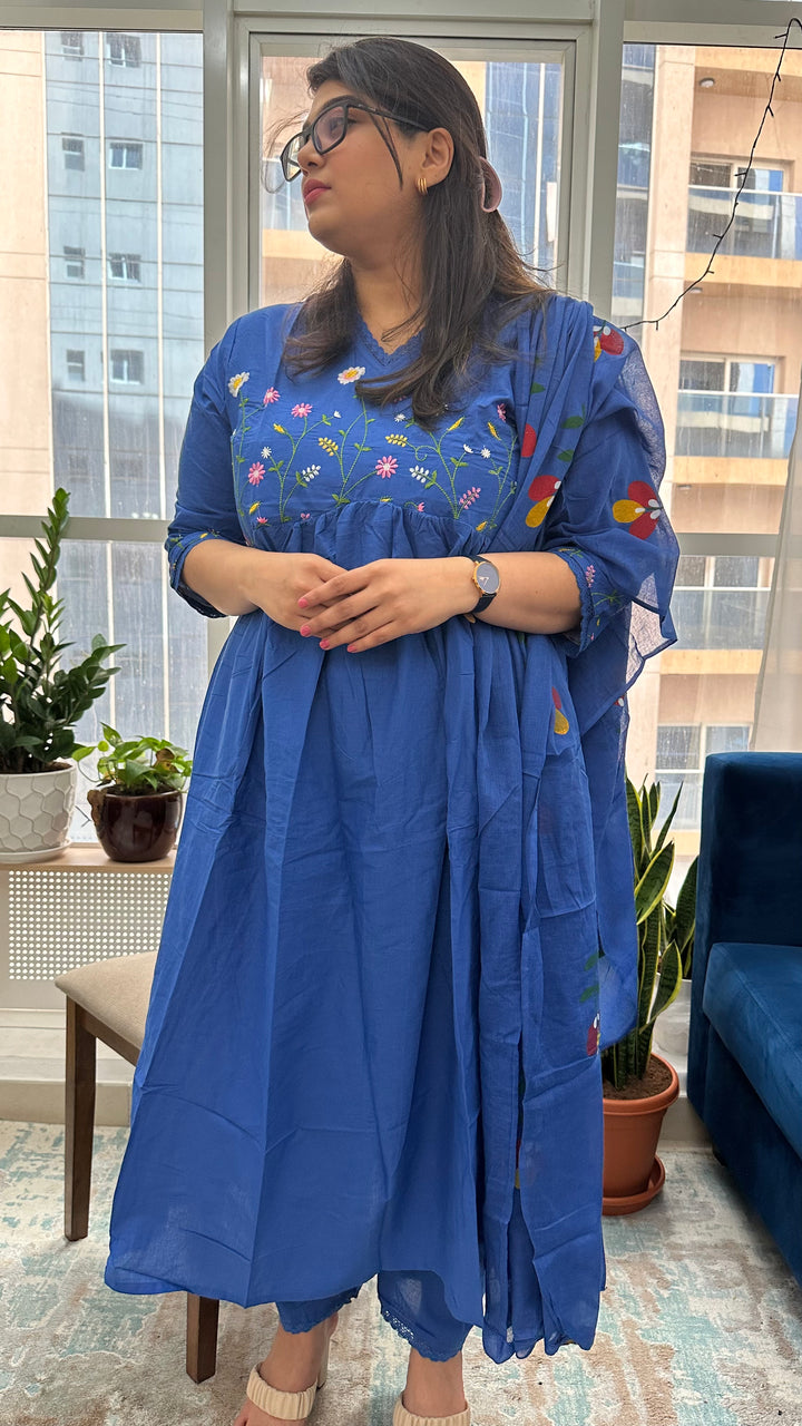 Royal Blue Cotton Gulbahaar Floral Anarkali Set