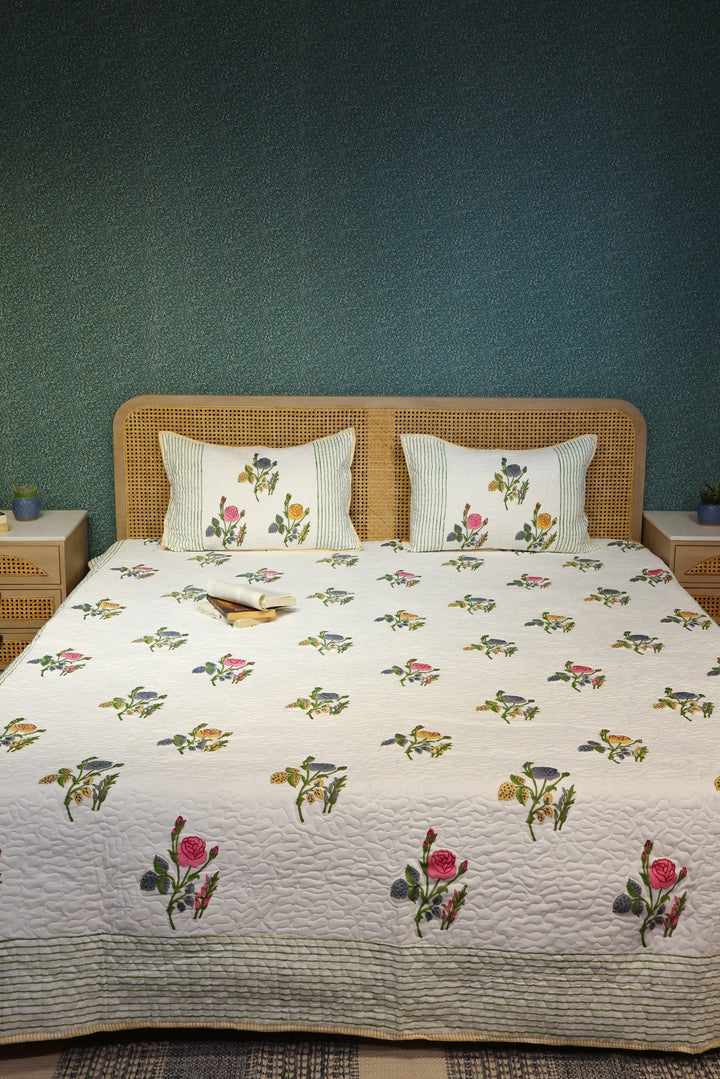 Cream-Cotton-Handblock-Print-Bedcover-With-2-Pillow-Covers