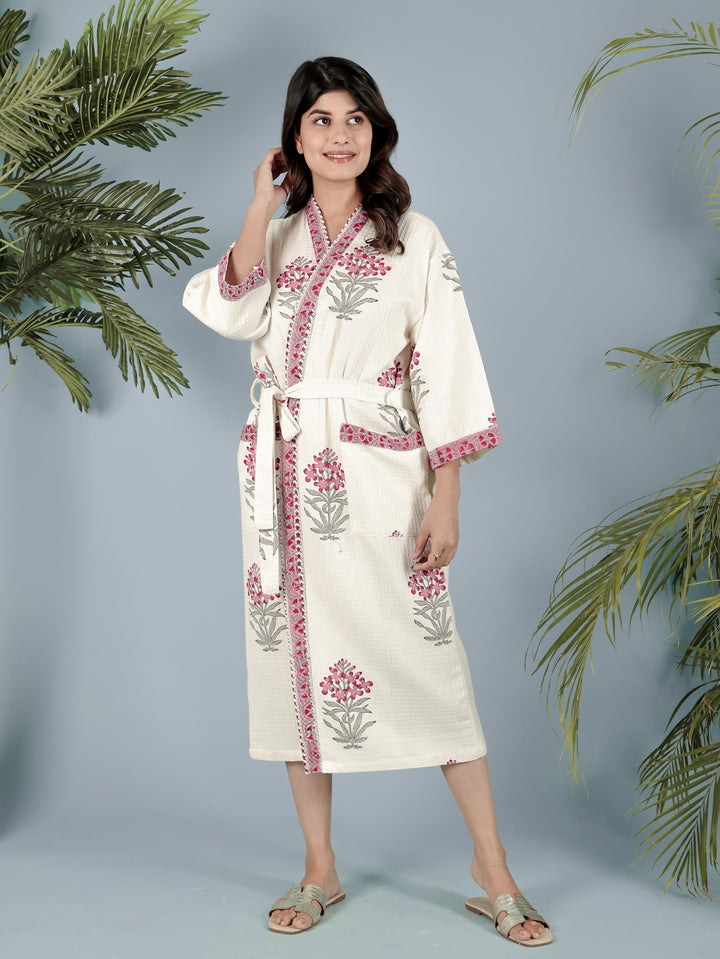 Cream-Madurai-Cotton-Handblock-Printed-Unisex-Bathrobe