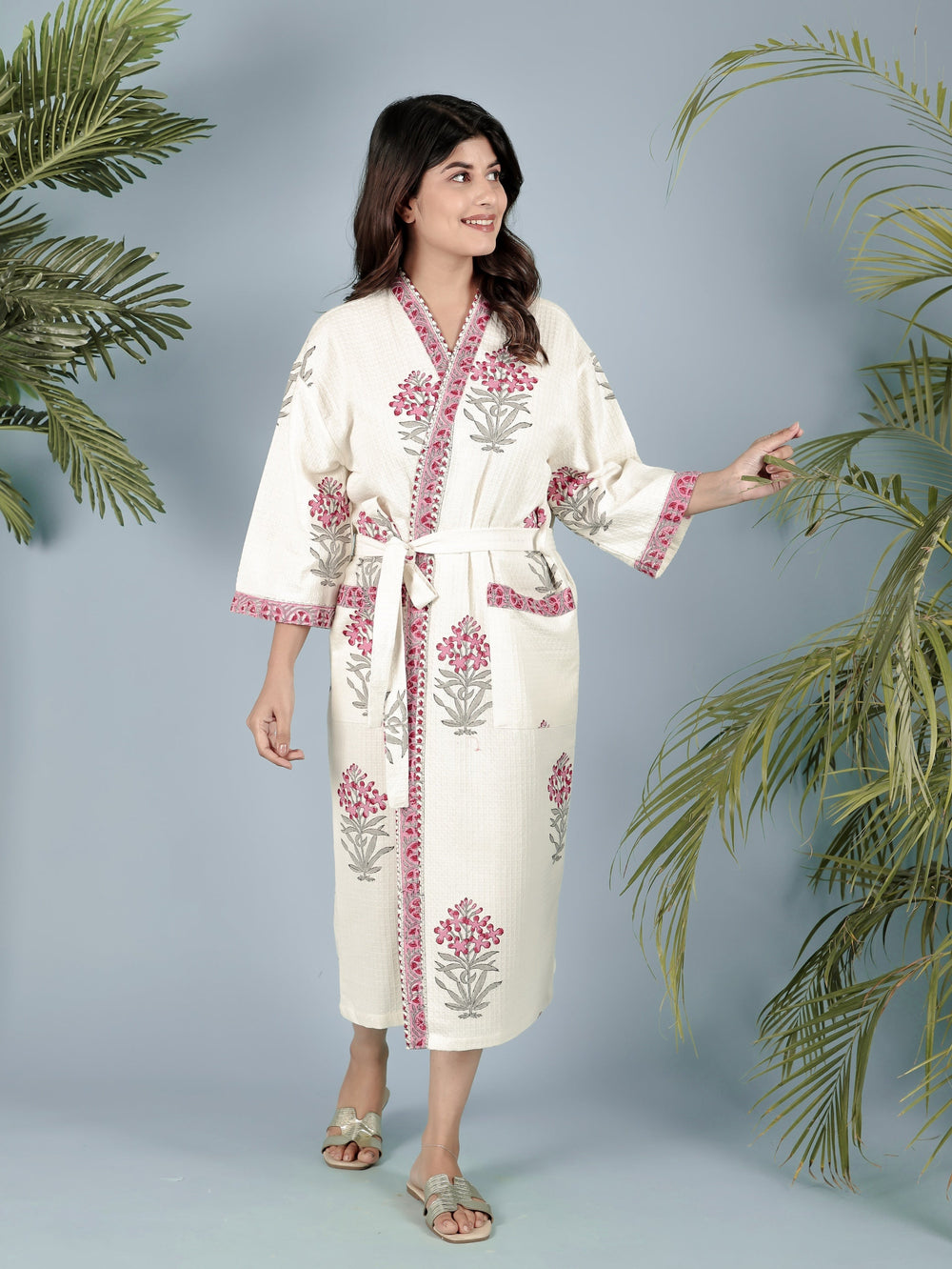 Cream-Madurai-Cotton-Handblock-Printed-Unisex-Bathrobe