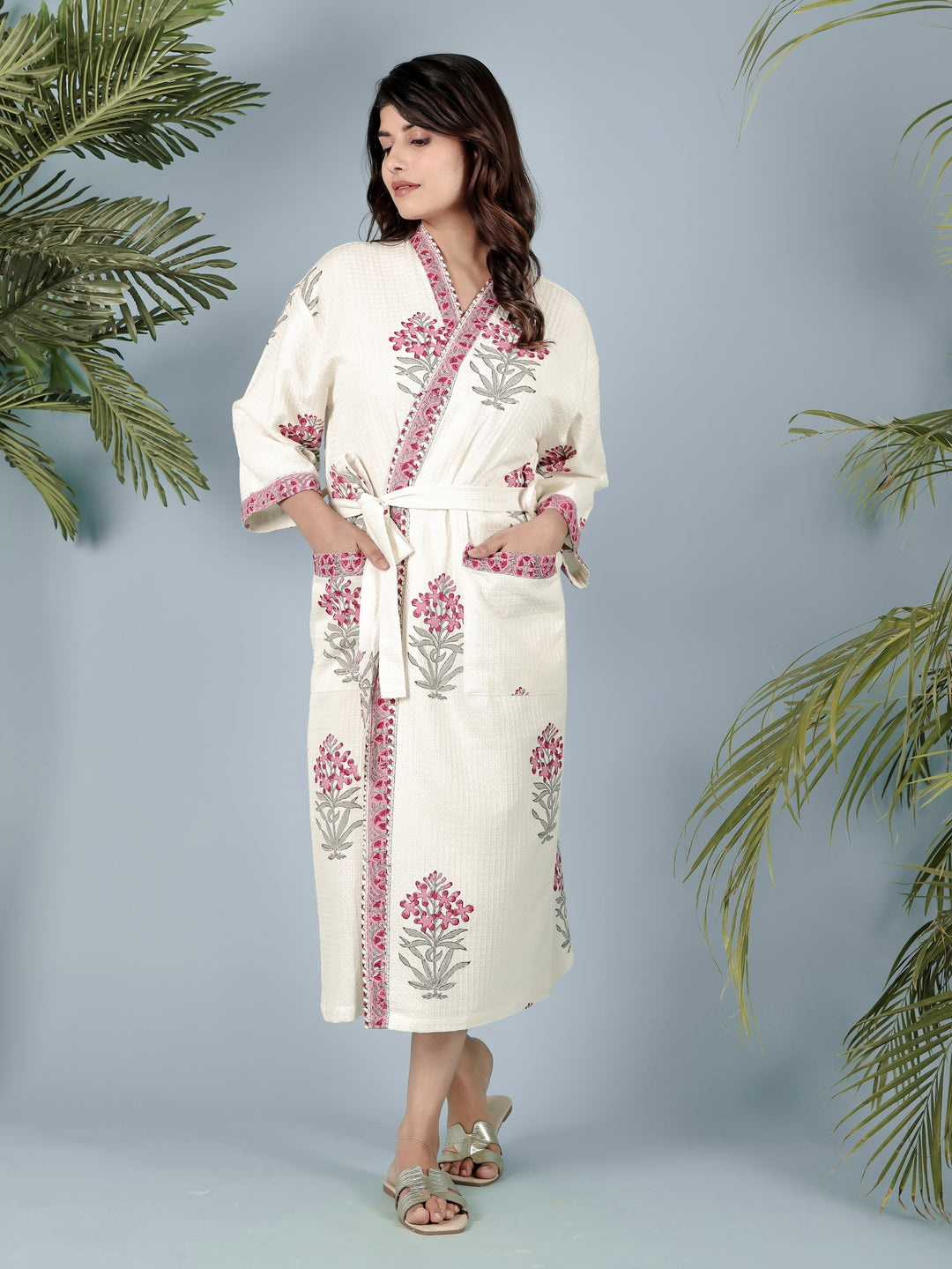 Cream-Madurai-Cotton-Handblock-Printed-Unisex-Bathrobe