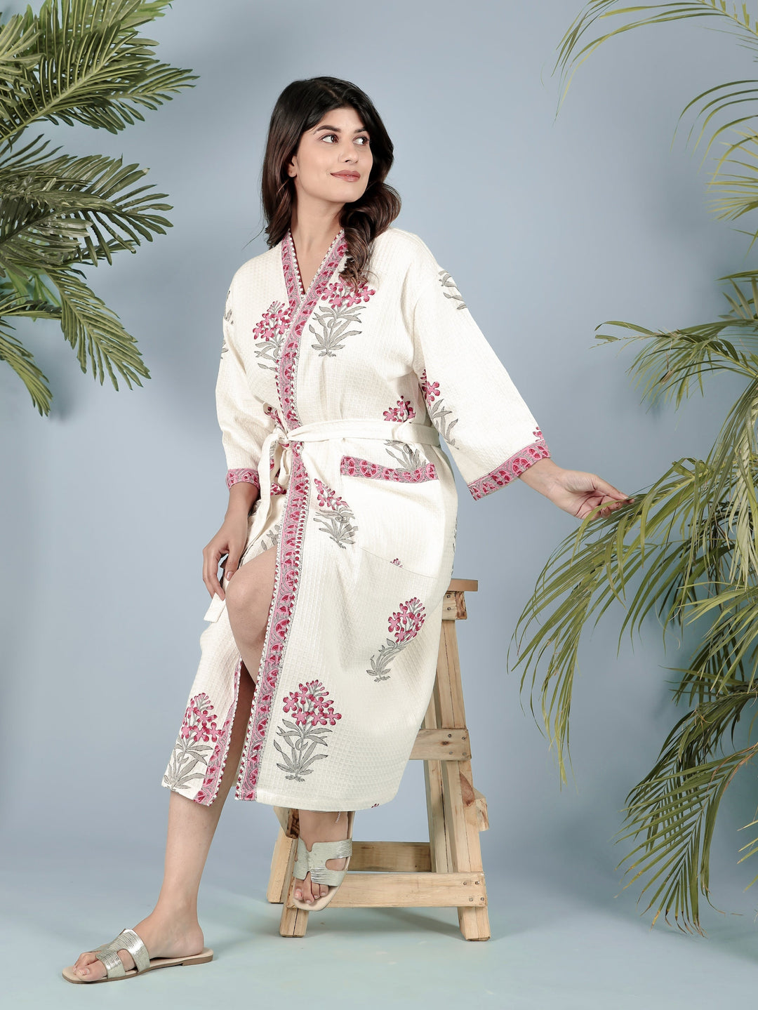 Cream-Madurai-Cotton-Handblock-Printed-Unisex-Bathrobe