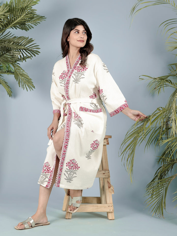 Cream-Madurai-Cotton-Handblock-Printed-Unisex-Bathrobe