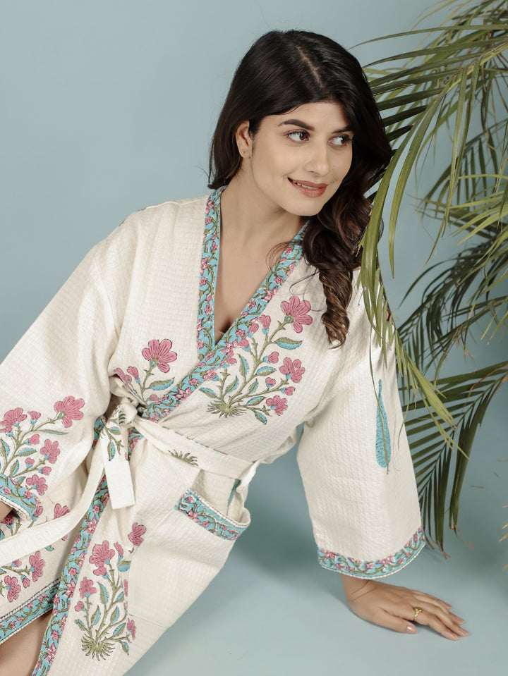 Cream-Madurai-Cotton-Handblock-Printed-Unisex-Bathrobe