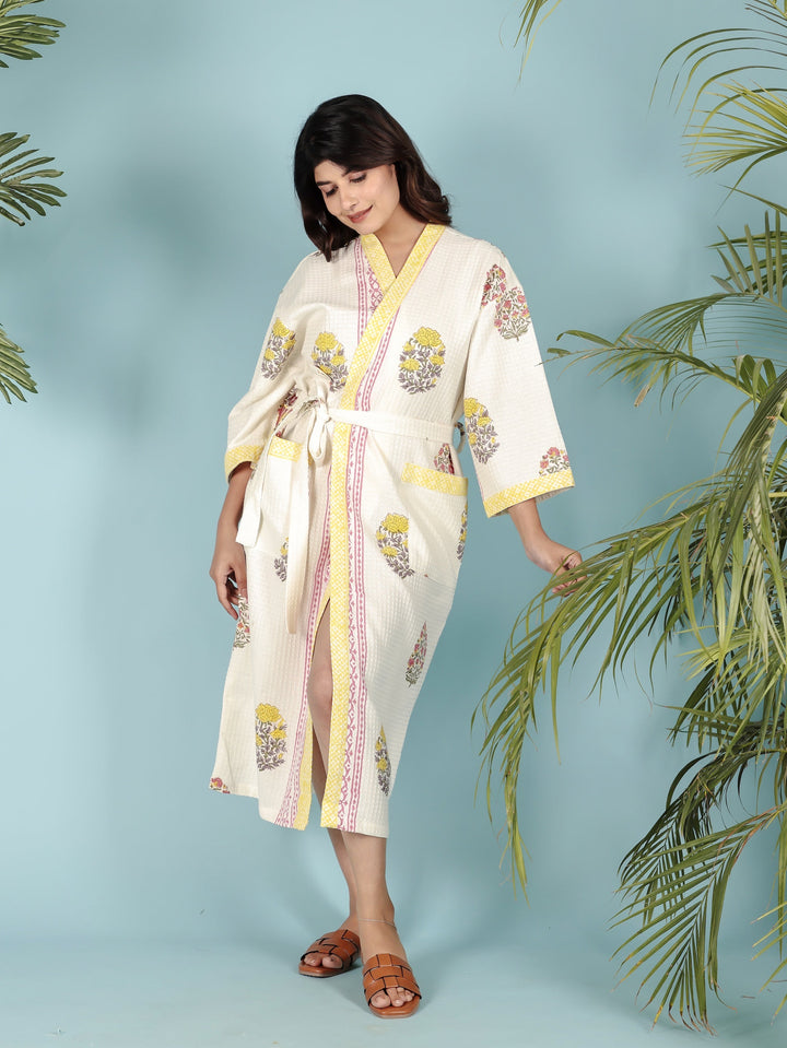 Cream-&-Yellow-Waffle-Cotton-Handblock-Print-Unisex-Bathrobe