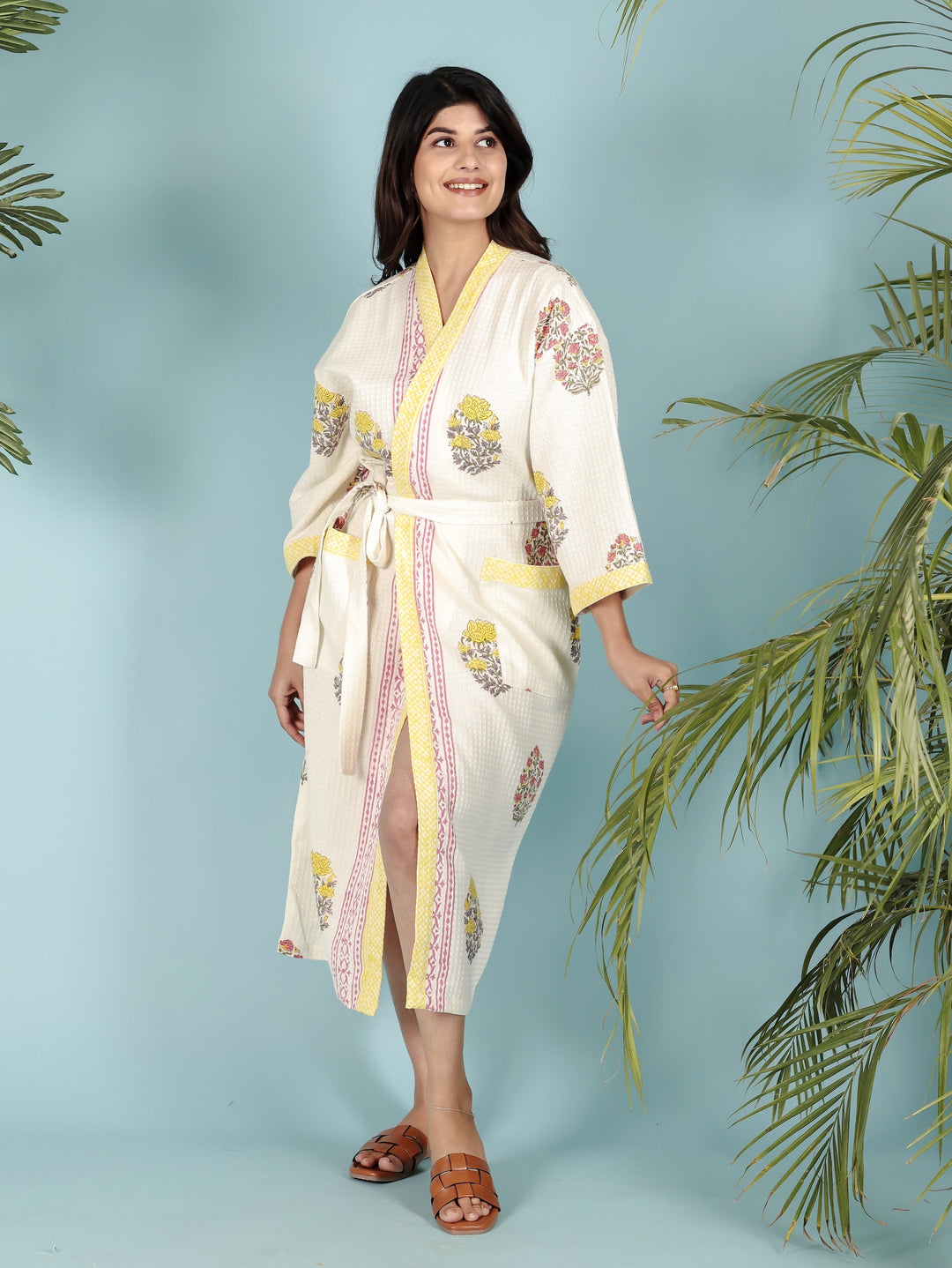 Cream-&-Yellow-Waffle-Cotton-Handblock-Print-Unisex-Bathrobe