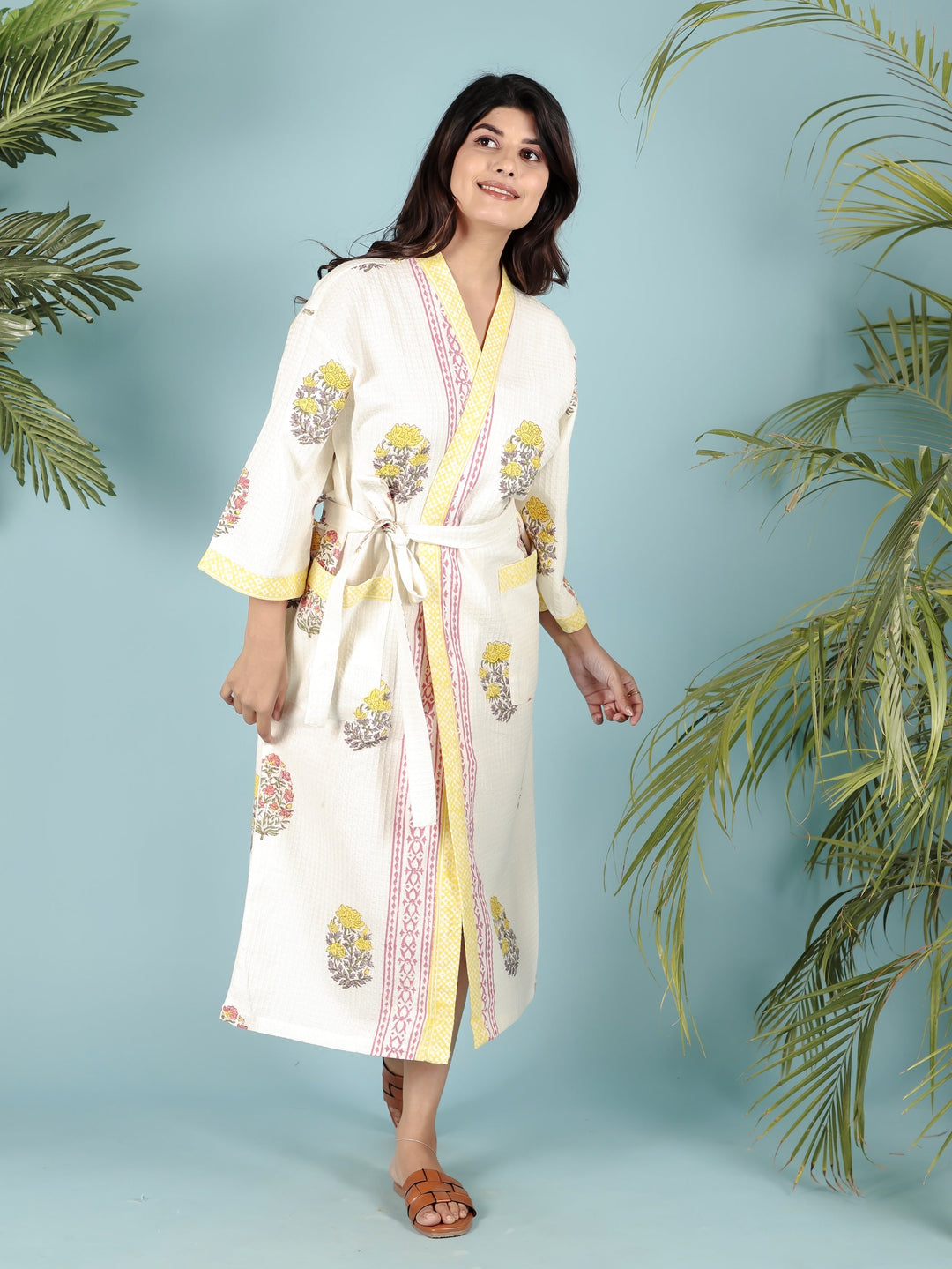 Cream-&-Yellow-Waffle-Cotton-Handblock-Print-Unisex-Bathrobe