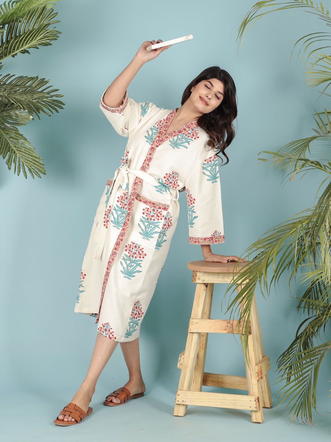 Cream-Madurai-Cotton-Handblock-Printed-Unisex-Bathrobe