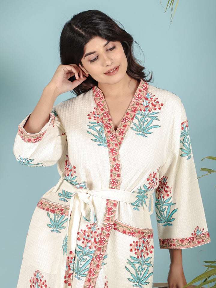 Cream-Madurai-Cotton-Handblock-Printed-Unisex-Bathrobe