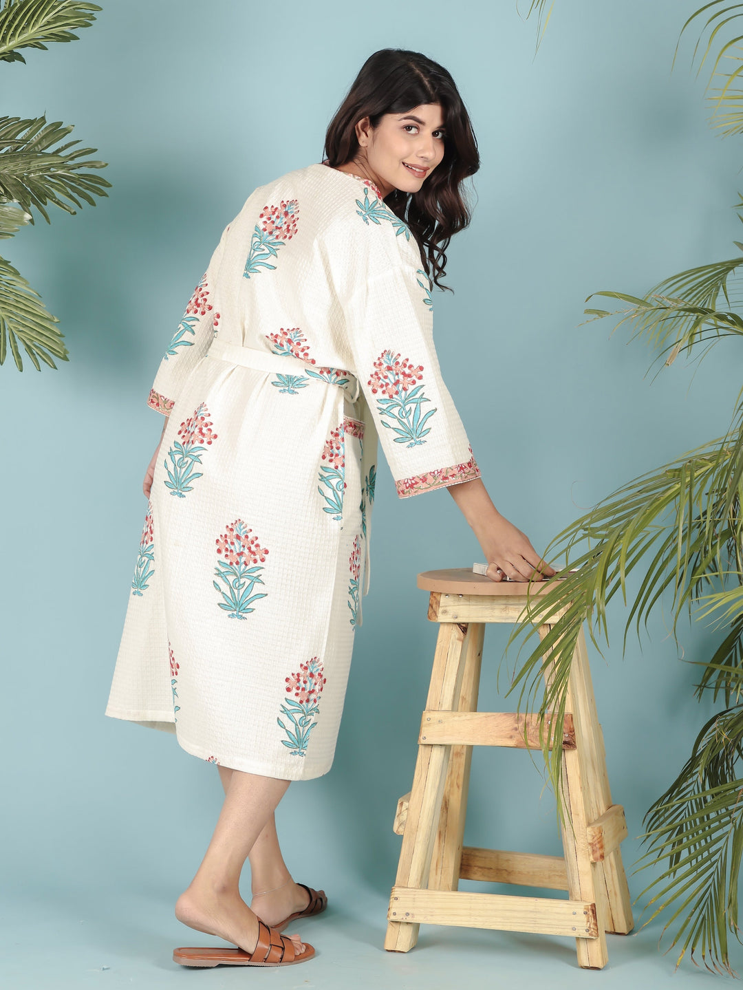 Cream-Madurai-Cotton-Handblock-Printed-Unisex-Bathrobe