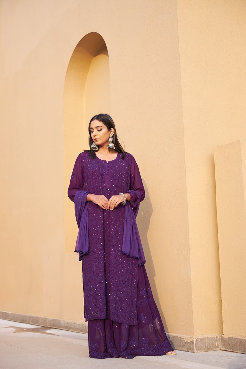 ZERESOUQ-Noori-Purple-Georgette-Chikankari-3-Piece-Gharara-Set