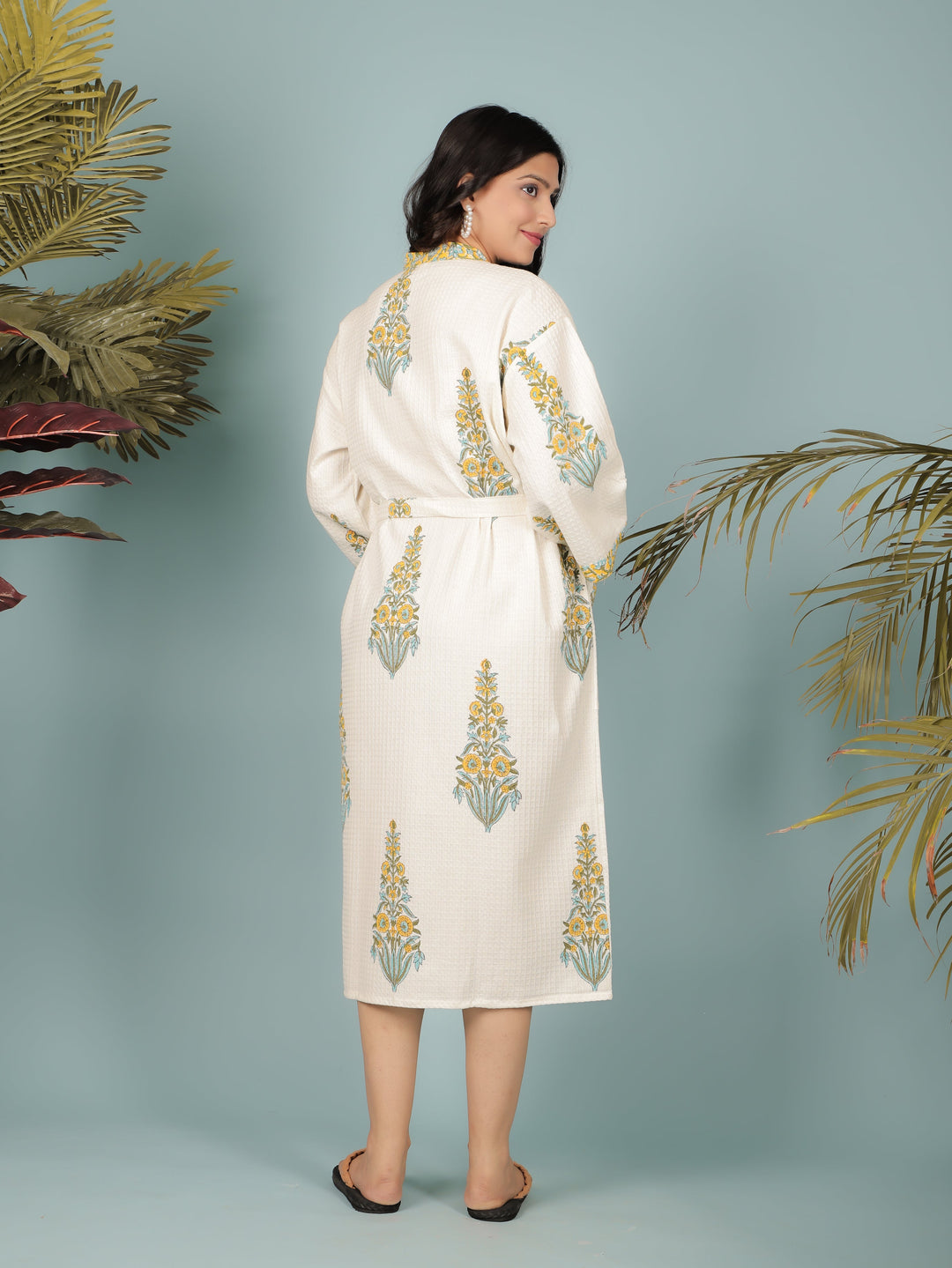 Cream-Madurai-Cotton-Handblock-Printed-Unisex-Bathrobe