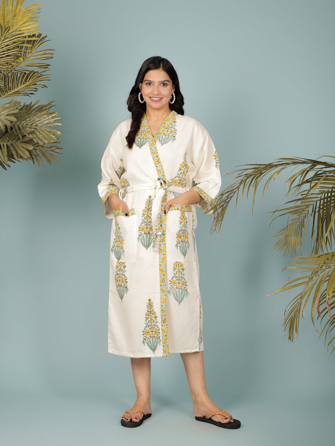 Cream-Madurai-Cotton-Handblock-Printed-Unisex-Bathrobe