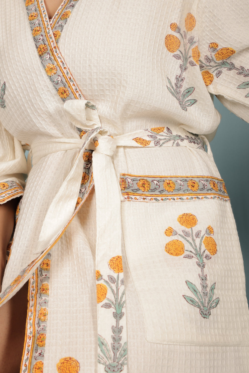 Cream-&-Orange-Madurai-Cotton-Handblock-Print-Unisex-Bathrobe