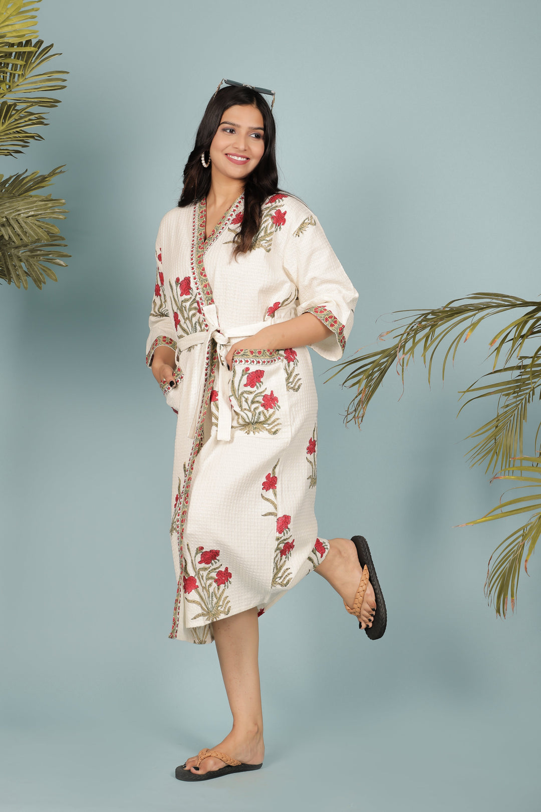 Cream-&-Red-Madurai-Cotton-Handblock-Printed-Unisex-Bathrobe