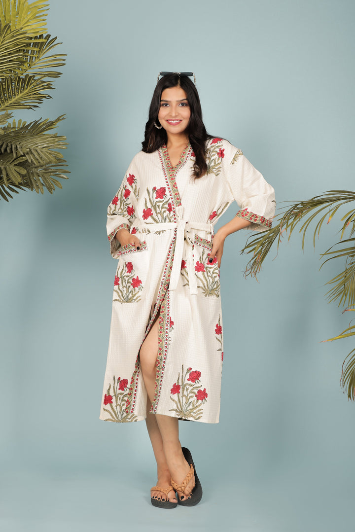 Cream-&-Red-Madurai-Cotton-Handblock-Printed-Unisex-Bathrobe