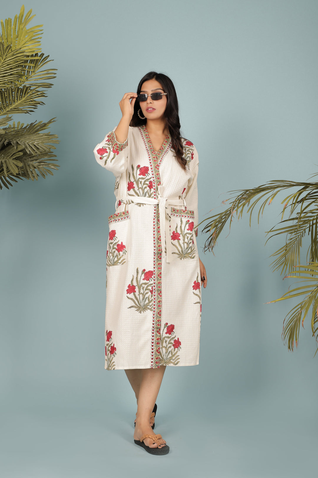 Cream-&-Red-Madurai-Cotton-Handblock-Printed-Unisex-Bathrobe