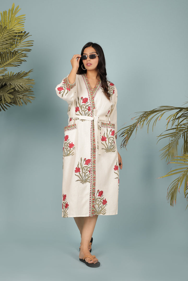 Cream-&-Red-Madurai-Cotton-Handblock-Printed-Unisex-Bathrobe