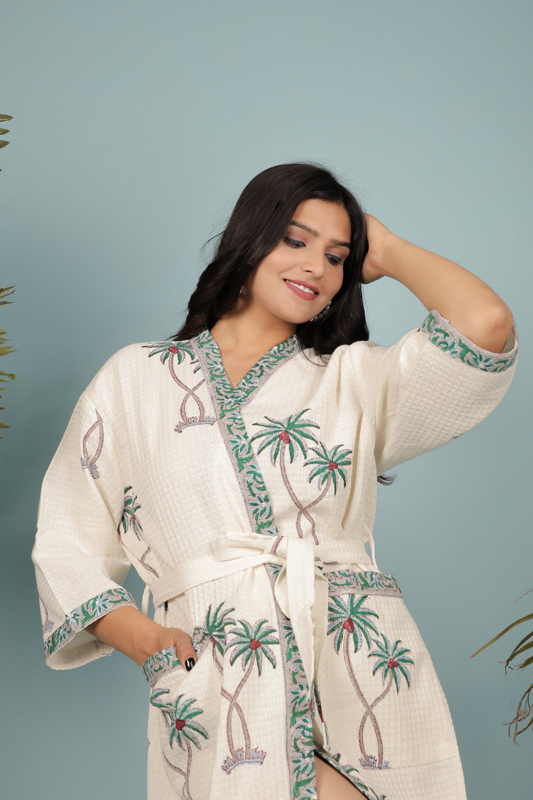 Cream-Madurai-Cotton-Handblock-Printed-Unisex-Bathrobe