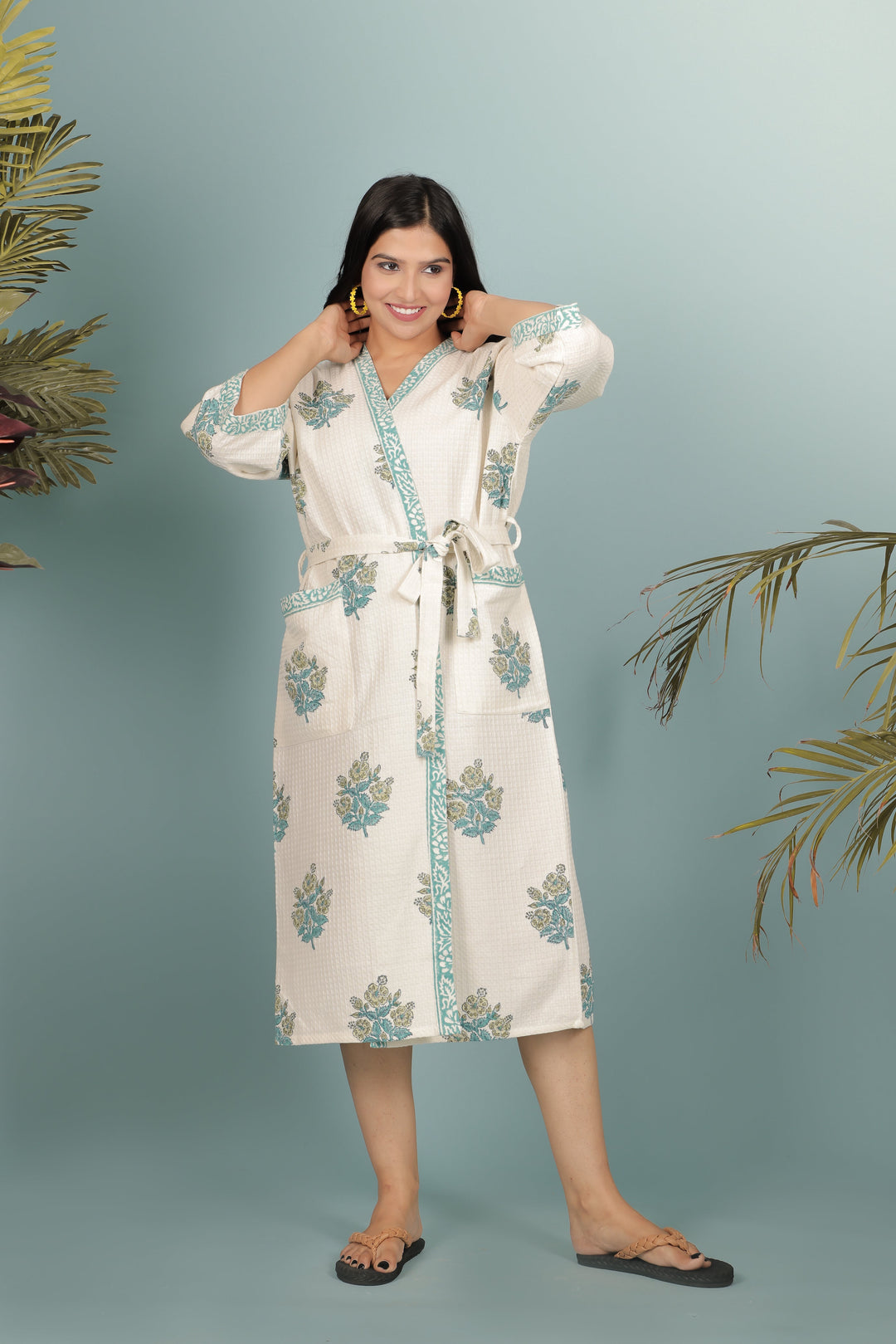 Cream-Madurai-Cotton-Handblock-Printed-Unisex-Bathrobe