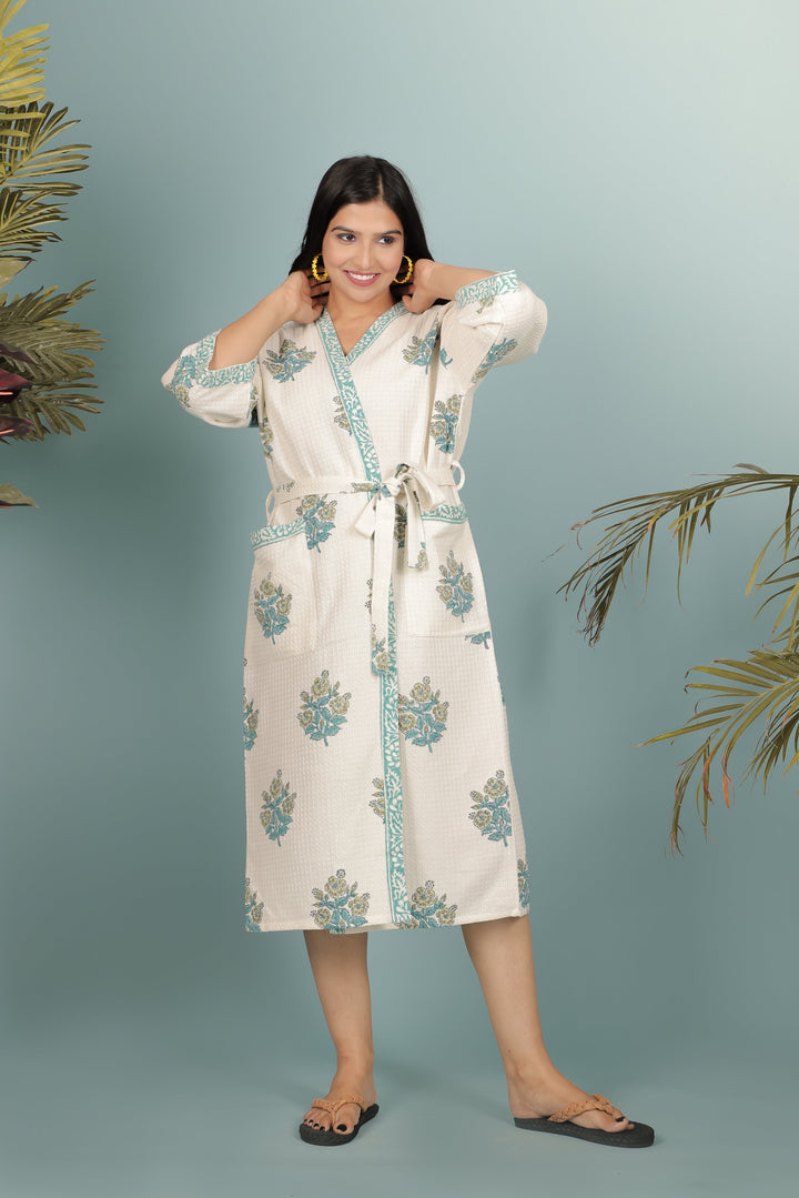 Cream-Madurai-Cotton-Handblock-Printed-Unisex-Bathrobe