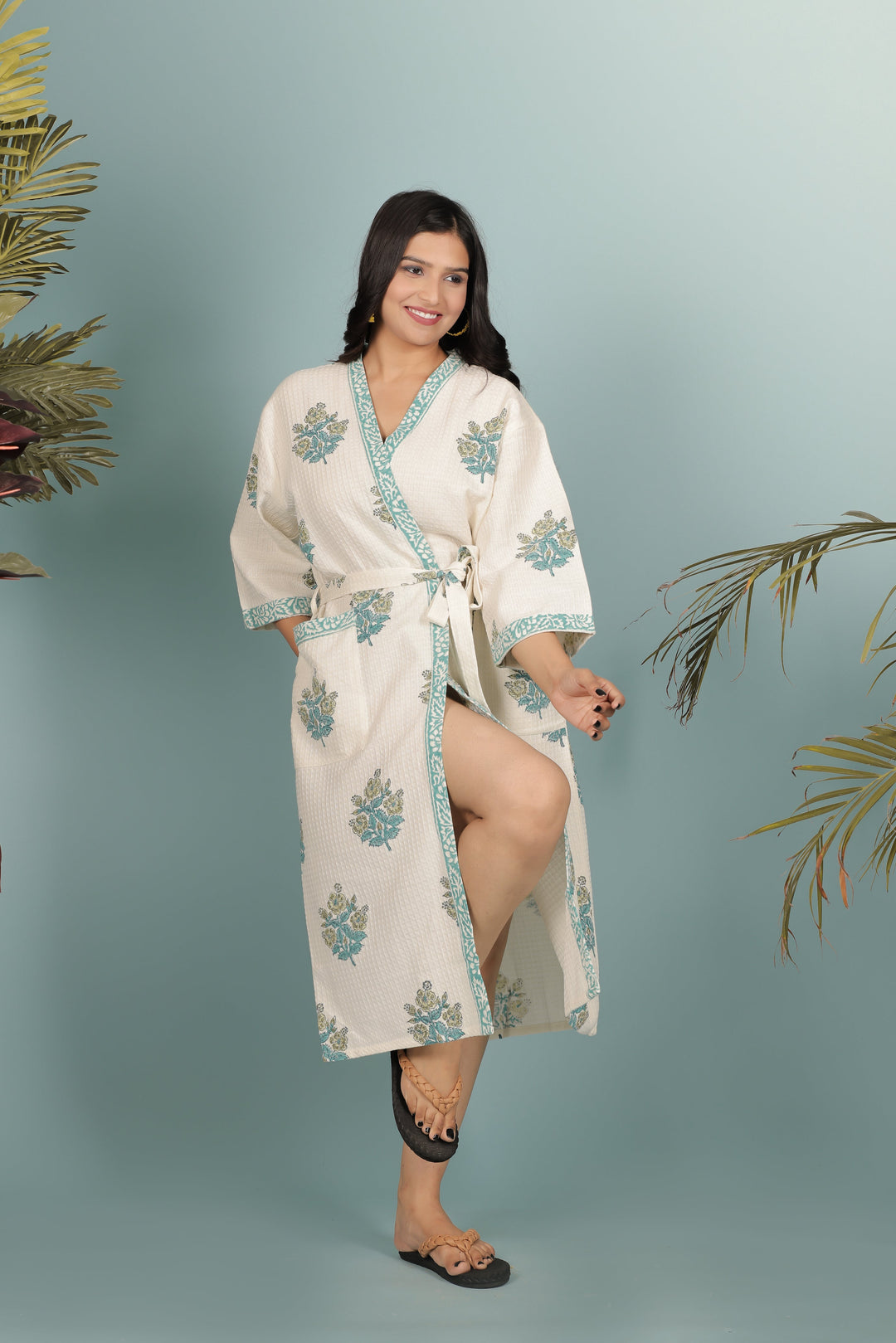 Cream-Madurai-Cotton-Handblock-Printed-Unisex-Bathrobe