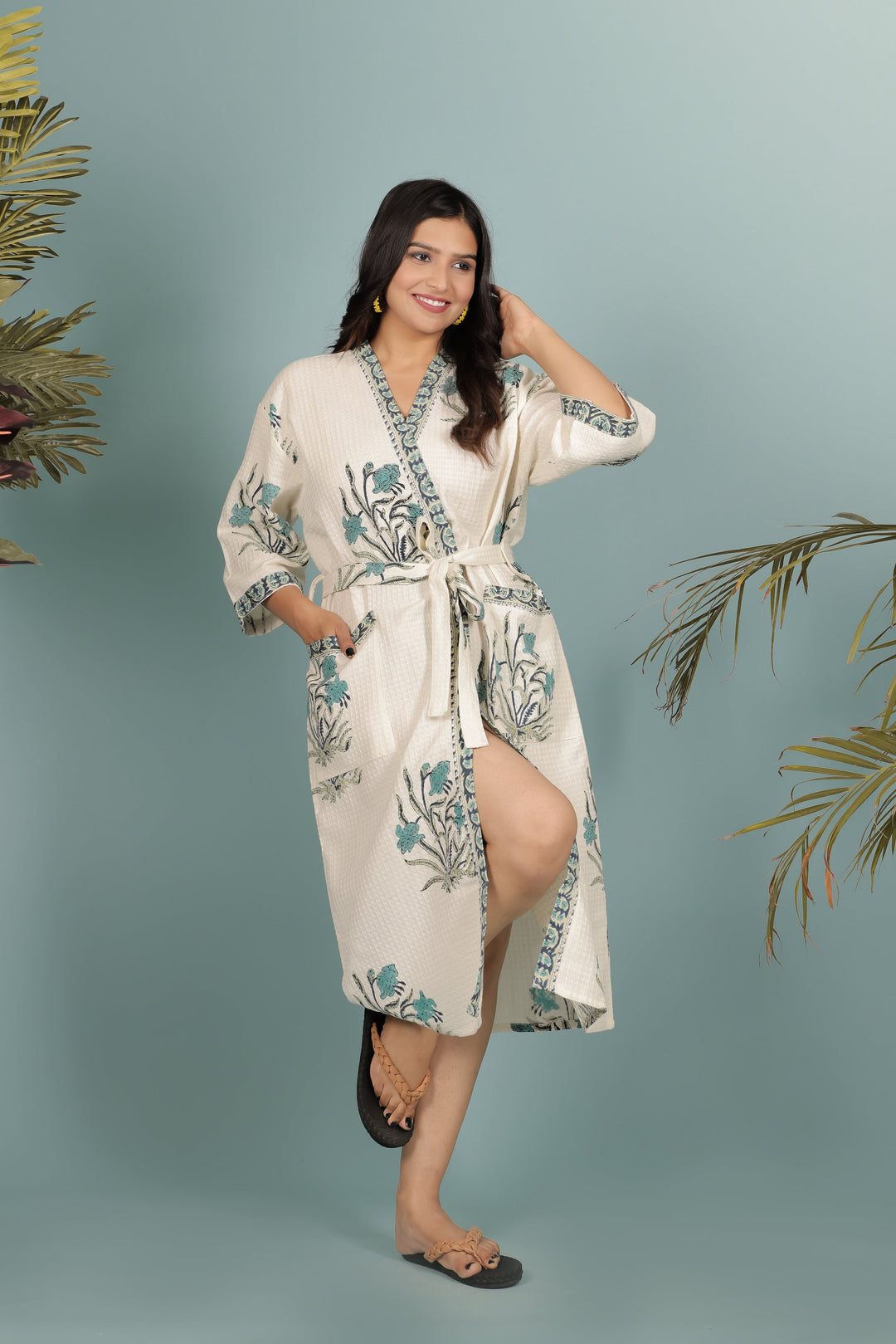 Cream-Madurai-Cotton-Handblock-Printed-Unisex-Bathrobe