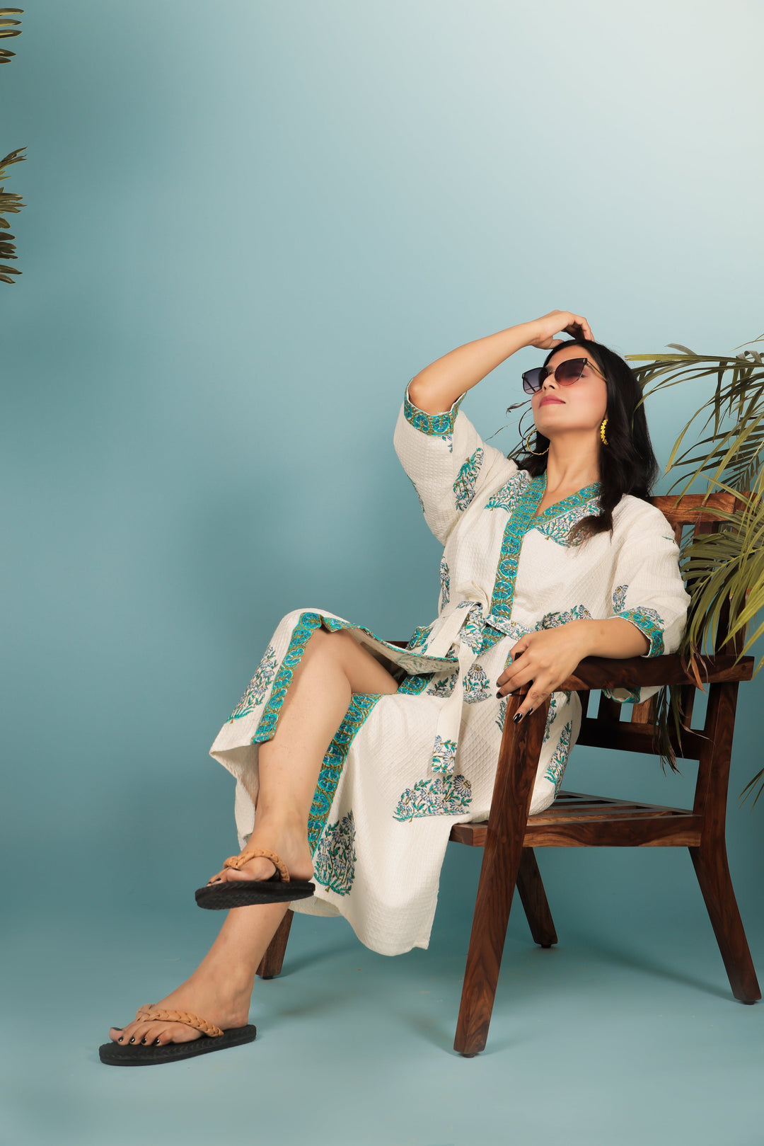 Cream-&-Green-Madurai-Cotton-Handblock-Print-Unisex-Bathrobe