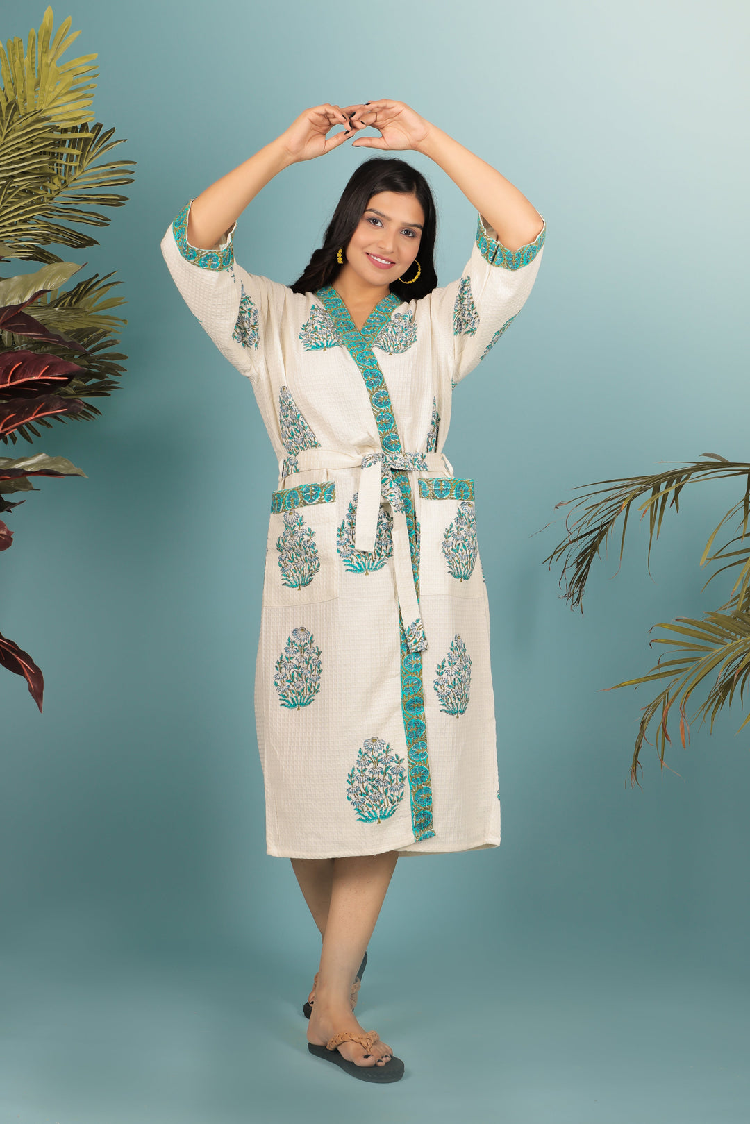 Cream-&-Green-Madurai-Cotton-Handblock-Print-Unisex-Bathrobe