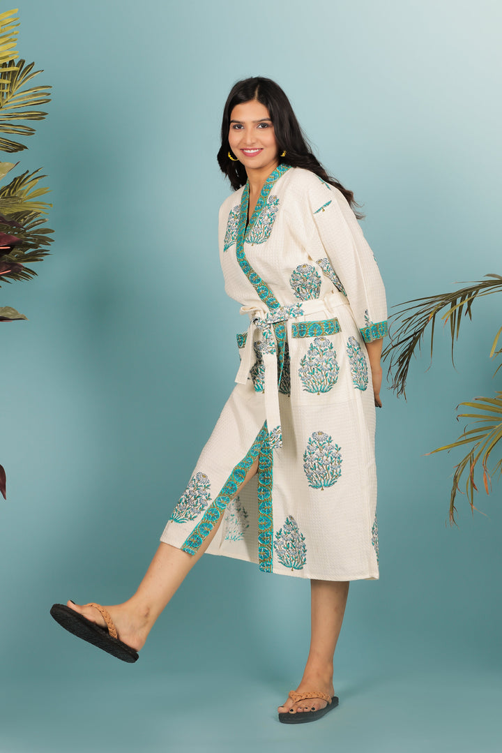 Cream-&-Green-Madurai-Cotton-Handblock-Print-Unisex-Bathrobe