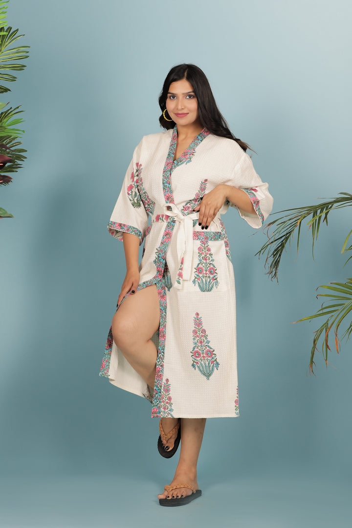 Cream-Madurai-Cotton-Handblock-Printed-Unisex-Bathrobe