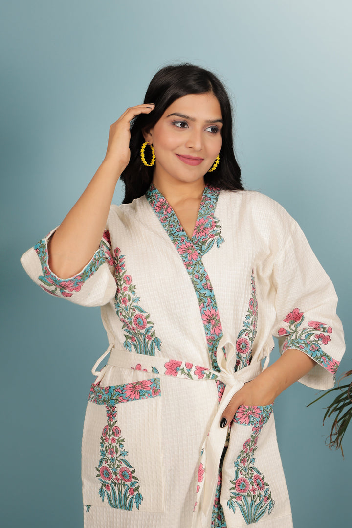 Cream-Madurai-Cotton-Handblock-Printed-Unisex-Bathrobe