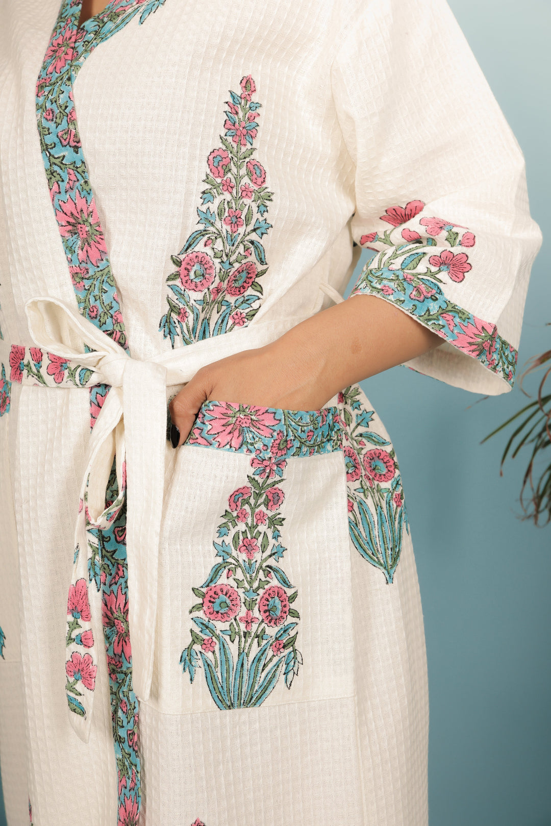 Cream-Madurai-Cotton-Handblock-Printed-Unisex-Bathrobe