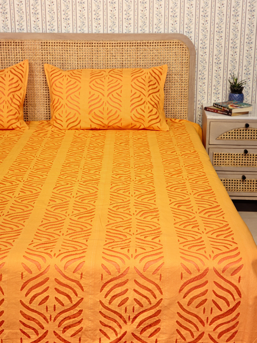 Orange-Cotton-Applique-Cut-Work-Bedcover-With-2-Pillow-Covers