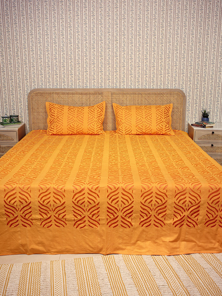 Orange-Cotton-Applique-Cut-Work-Bedcover-With-2-Pillow-Covers