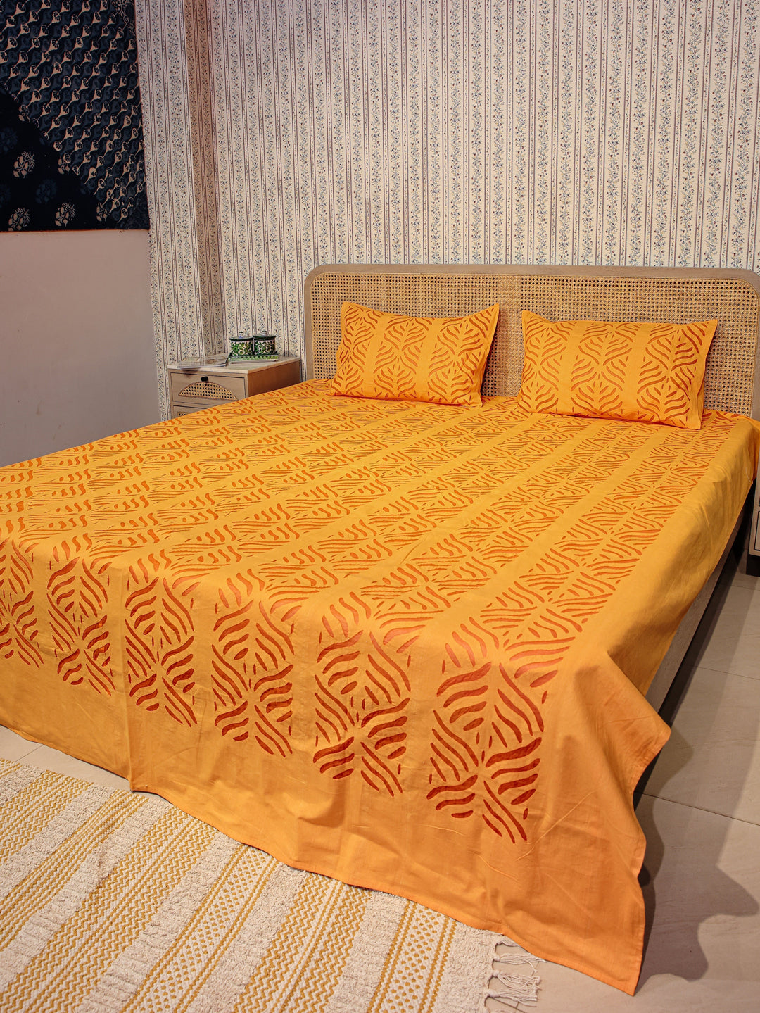 Orange-Cotton-Applique-Cut-Work-Bedcover-With-2-Pillow-Covers