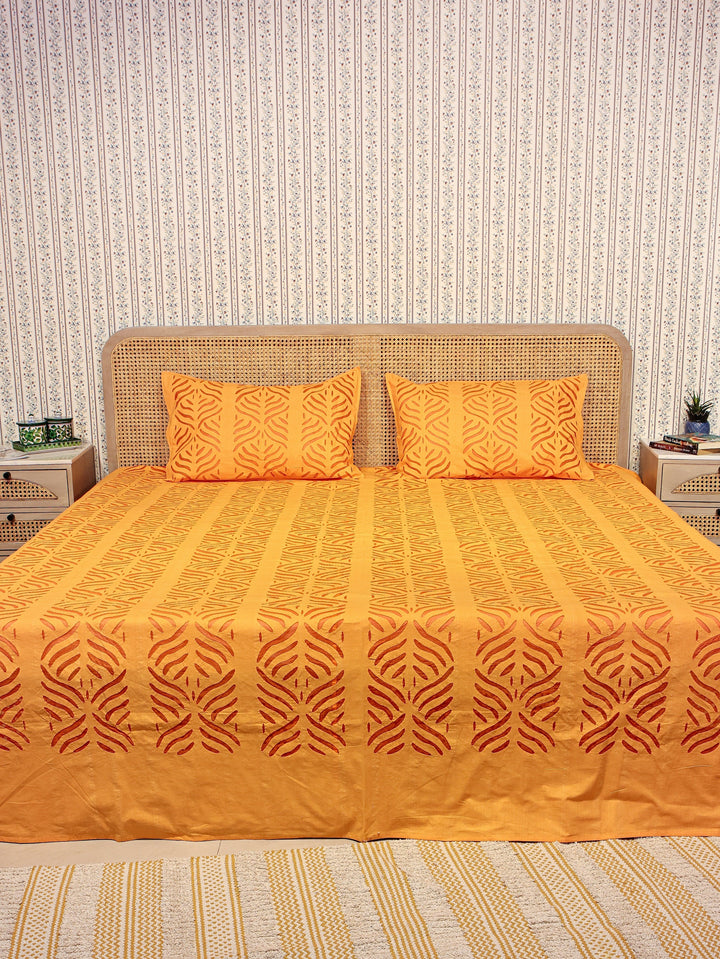 Orange-Cotton-Applique-Cut-Work-Bedcover-With-2-Pillow-Covers