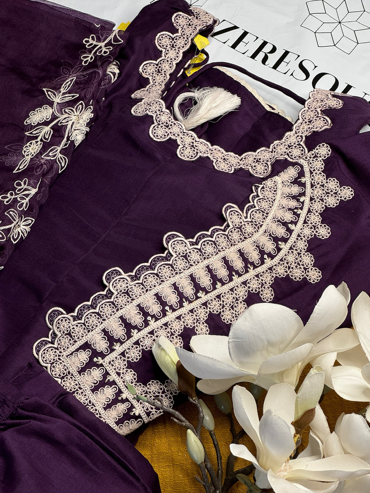 Purple Silk Blend Solid Embroidered Flared Kurta Set